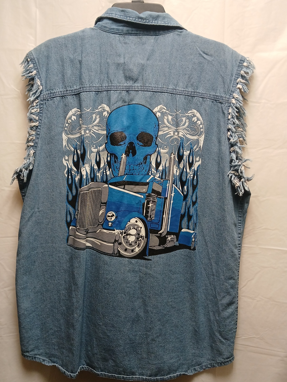 Coast Blue Denim Sleeveless Shirt with Skull & Truck Graphic